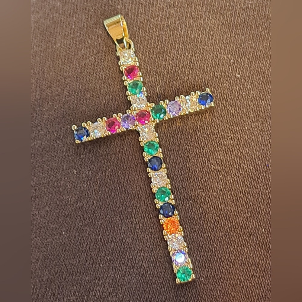 Multicolor Gemstones Cross Pendant Necklace, Gold Plated, 2"